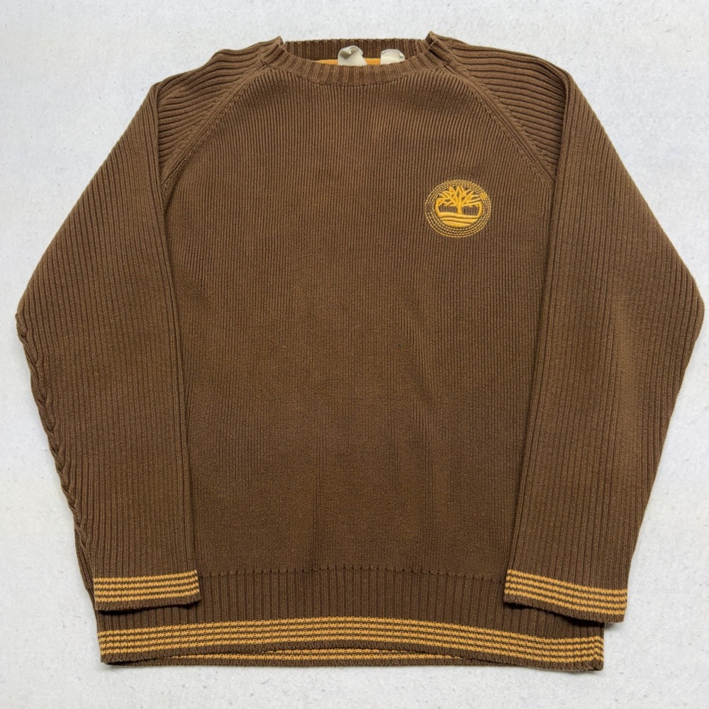Vintage Timberland Sweater‎ XL Brown Yellow Y2K Cotton Knit Raglan Pullover Logo